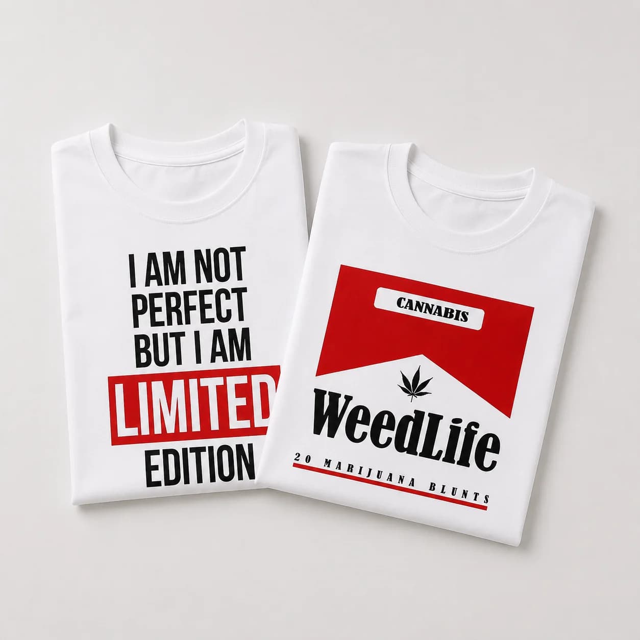 T-shirts « I Am Not Perfect But I Am Limited Edition » et « WeedLife » pliés